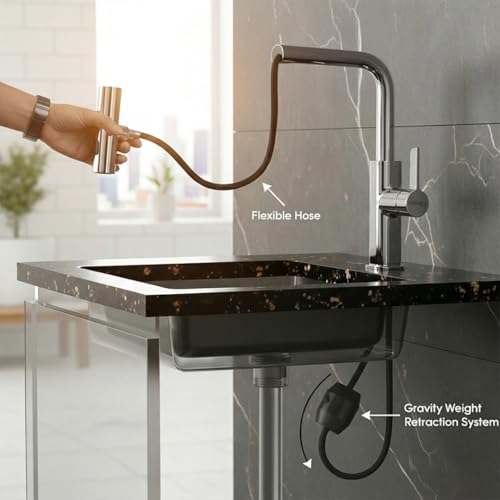 Image of EVANEX Kitchen Faucet | 304 Stainless Steel Pull Down Kitchen Faucet | Flexible Tap for Kitchen Sink | 360 Degree Rotating Tap | Deck Mounted Kitchen Sink Tap