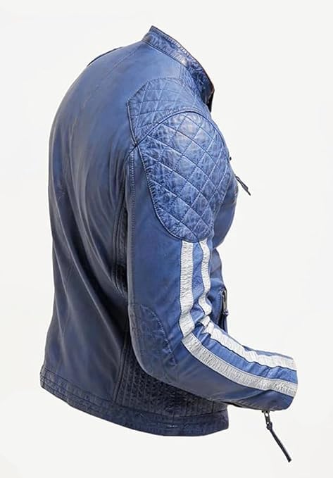 Men Blue Leather Jacket - Striped Waxed Biker Motorcycle Sheepskin Leather Jacket2