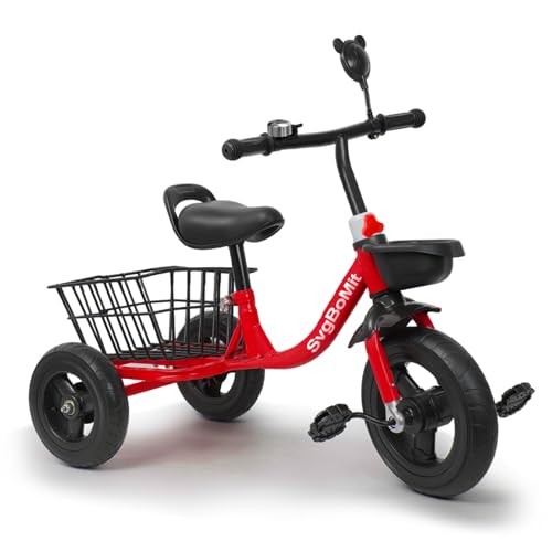 Children's Tricycle for 2-5 Years Old, Anti-tip-Over Pedal Bike, Iron Material Anti-Puncture Hand dip Plastic Rear Storage Basket, Rubber Tires, Gifts for Boys and Girls (red)
