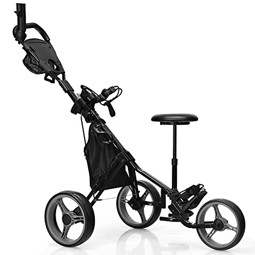 GYMAX Golf Push Cart, Foldable 3-Wheel Height Adjustable Lightweight Caddy Cart with Umbrella...