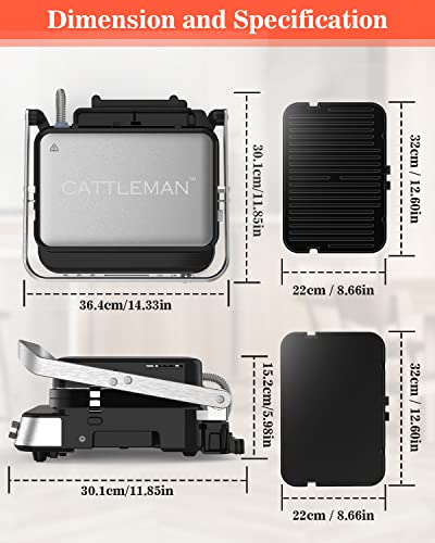 Image of CATTLEMAN Panini Press Grill Sandwich Maker with Removable Plates, 1600W, 5 in 1 Smokeless Indoor Grill & Griddle with Meat Thermometer, Electric Contact Grills for Kitchen, Stainless Steel