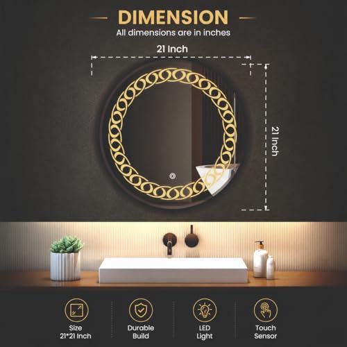 Image of LED Bathroom Wall Mirror with Decorative 3 Light Design | Touch Sensor | Warm | Natural and Cool White | for Wash Basin | Bedroom | Dressing Area Decoration (Round, 21x21)
