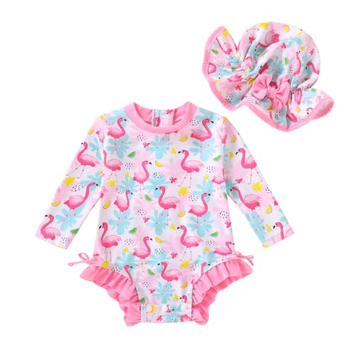 Infant Baby Swimsuit Girl Long Sleeve UPF 50+ Sun Protection One-Piece Rash Guard with Hat Zipper Bathing Suit (Flamingo 12-18 Months)
