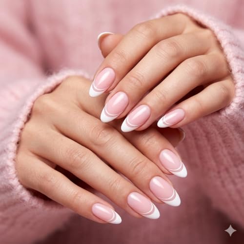Image of Press On Nails Kit for Women 24 Pcs | Half Moon French Nude Baby Pink Artificial Nails | Almond Shape Glossy Reusable Fake Nails Extensions | False Nails Press On Nails | Includes Nail Glue & Remover, Glue Tabs, Nail Filer, Cuticle Stick & Storage Box