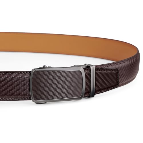 Image of Drowsmen Leather ratchet belt 1 3 /8 inch with Click Sliding Automatic Buckle, Adjustable belt Trim to Fit