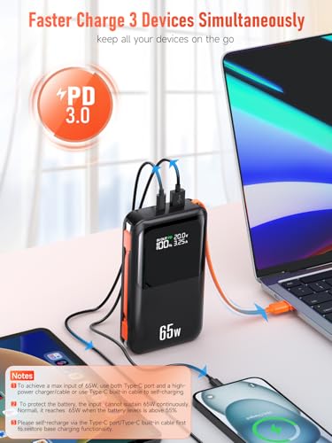 Powerbank 65W mit 26800mAh und USB-C Kabel für Laptop und Smartphone