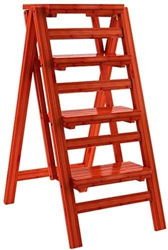 CZ-SQG Step Ladder With 4 Folding Steps, Wooden Household Staircase Stool, Extended High Stool For Children And Adults, Height Of The Garden 68cm Intensive Use Max. 150 Kg In Red