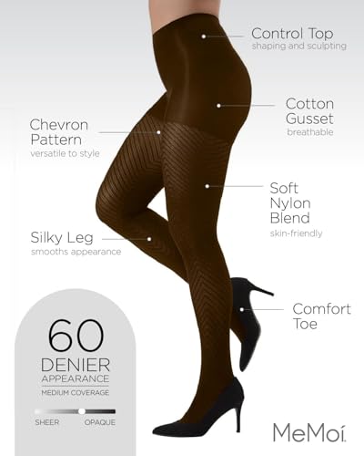 Image of MeMoi Chevron Control Top Tights, Smoothing Tummy Control 60 Denier