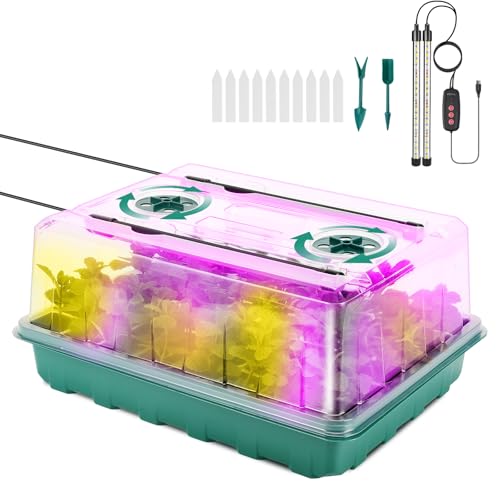 Eglotes 48 Cell Seed Starter Tray, Seed Starter Kit with Adjustable Humidity Dome, Seed Starting Trays Plant Starter Kit for Seeds Growing Starting, Indoor Gardening, Greenhouse (with Grow Light)