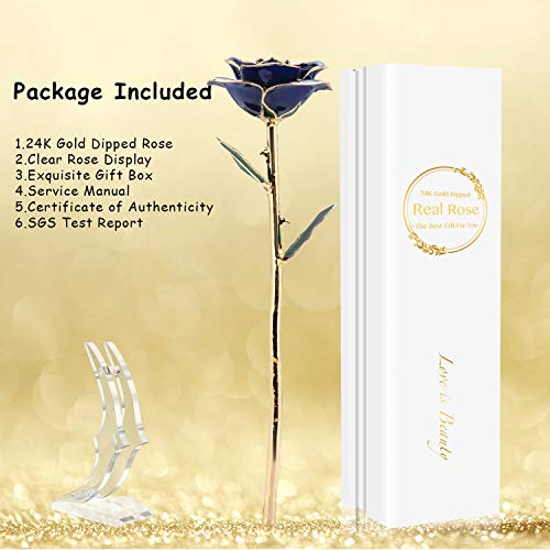 Image of Birthday Rose Gift for her,24k Golden Real Fresh Long stem Rose and Best Birthday Gift for her Rose,Blue with Stand
