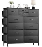Buluri Chest of Drawers Bedroom, 12 Fabric Drawers Dresser with Side Pockets and Hooks, Wooden Top and Metal Frame, Tall Drawers for Closet, Living room, Kids Room (Black PU)