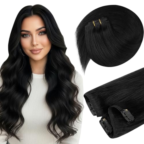 Image of Sunny Hair Clip in Hair Extensions Real Human Hair Natural Black 12 Inch | Short Hair Extensions Clip Ins, Soft Layers with Natural Looking Hair for Quick Daily Styling, Silky Straight Hair 85g