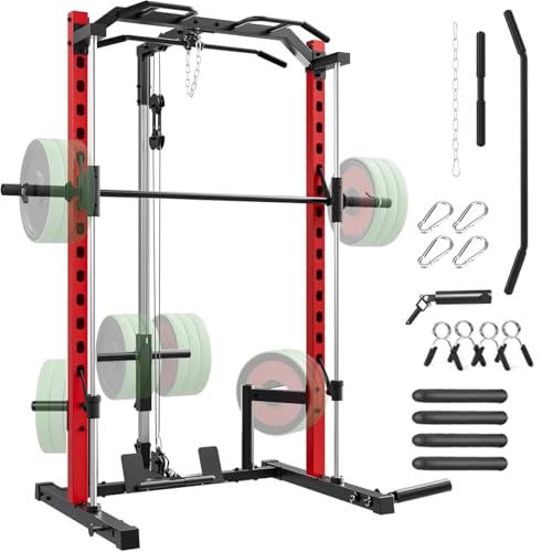 Smith Machine Squat Rack, All-in-One Power Rack Cage with LAT-Pull Down System & Cable Machine, Power Cage with Barbell Bar, Weight Storage and More Attachment for Home Gym Workout