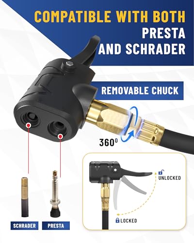 Presta Valve Adapter Pump with Removable Schrader to Presta Valve Air Chuck – Accurate Bike Tire Inflator & Pressure Gauge for Air Compressor, 100 PSI