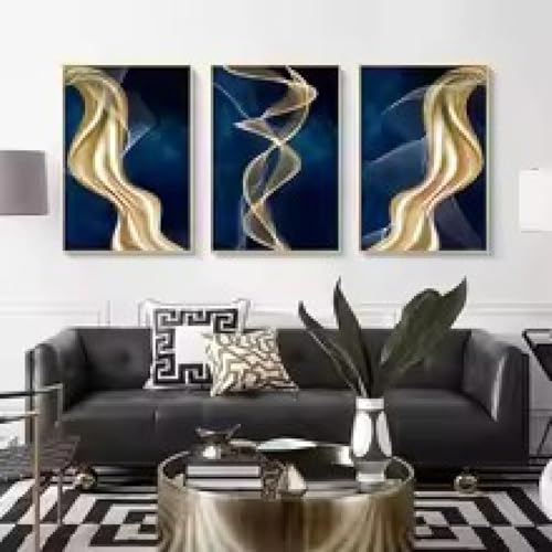 Toile art mural grand format triptyque abstrait moderne lignes dorées pour mur salon - 2