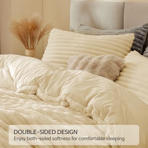 BEDELITE Fleece Queen Comforter Set -Super Soft & Warm Fluffy Beige Bedding, Luxury Fuzzy Heavy Bed Set for Winter with 2 Pillow Cases