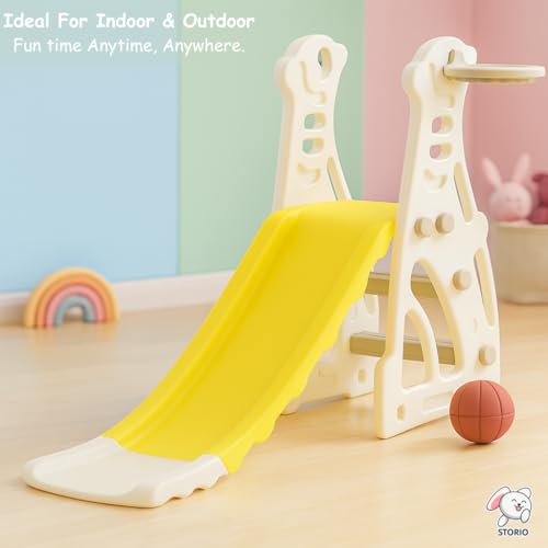 Image of Storio Kids Slide with Basketball Hoop Penguin Theme - Indoor & Outdoor Slide for Kids Ages 2-4 | White & Yellow | Safe, Sturdy & Fun Playset | Easy Assembly Toddler Slide for Boys & Girls