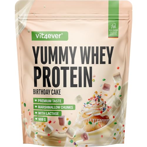 Yummy Whey Proteína de Suero - Polvo 908 g - Birthday Cake con Marshmallows - Hasta 22 g de Proteínas por Porción - Para Desarrollo & Mantenimiento Muscular - Batido Proteico Premium con Lactasa