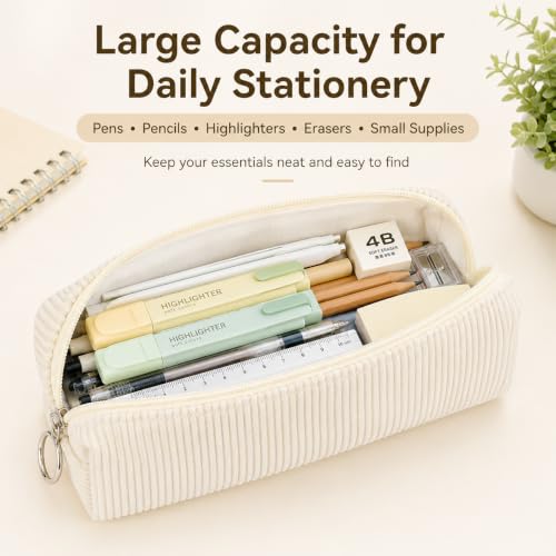 Deepton Trousse à crayons en tissu côtelé - Trousse à crayons - Pour filles et adolescentes - Trousse scolaire pour femme, crème, Moderne – vue 4
