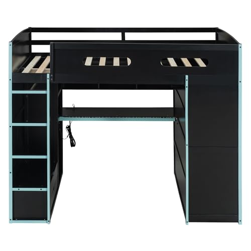 Image of Harper & Bright Designs Full Size Loft Bed with Desk, Wardrobe, Ample Storage Space, Solid Wood Gaming Loft Bunk Bed Frame with RGB Lights, No Box Spring Need, Space-Saving, Cloud Blue