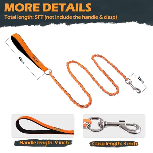 Image of Chain Dog Leash, Bite-Proof Metal Leash, with Padded Handle Orange