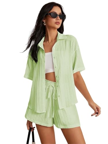 Image of Leriya Fashion Co-ord Set for Women Stylish Solid Poly Lycra Cotton | Textured Pyjama Set For Woman Travel Beach & Holiday Look | Oversized Loose Fit Trendy Top & Shorts for Summer Day Vacation