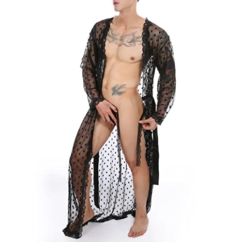 Mens Lace Sheer Night-Robe Lingerie Short Sleeve Cardigan Bathrobe Nightgown Sissy Nightwear with T-Back Belt4
