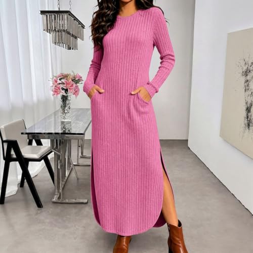XINGJIAARTS Sweater Dresses for Women Long Sleeve Maxi Fall Ribbed Knitted Dress Round Neck Side Split Bodycon with Pockets RD2 Small - image 2