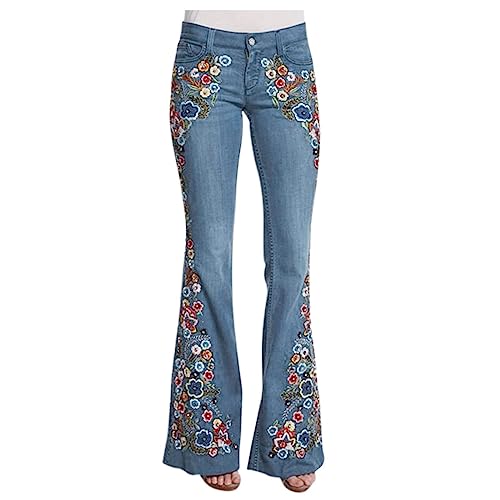 Floral Embroidered Wide Leg Bell Bottoms Pants for Women - Retro Leg Denim Flare Embroidered Jeans 70S Bell Bottom Pants (3X-Large, Light Blue)2