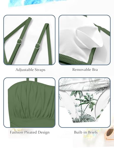 Girls Tankini Swimsuits Two Piece Tropical Print Pleated Bathing Suit with Ruffle Drawstring Skirt Swimwear 9-16T4