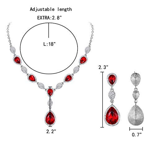 Elequeen Women's Cubic Zirconia Teardrop Y-Necklaces Dangle Earrings Sets For Brides Bridesmaids Ruby Clear-Tone #TOP4