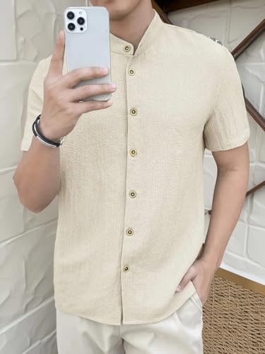 Image of Men's Solid Textured Half Sleeve Shirt with Stylish Buttons | Band Collar Casual Shirt for Summer Wear