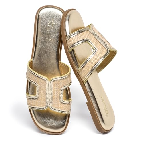 Image of NianEr Womens Microfiber Leather Memory Foam H Sandals Summer Shoes Slides | Flat, Comfortable, Slip On, Dressy, Dress, Beach, Vacation, Designer, Comfy, Casual, Bridal, Church, Boho, Office, Work