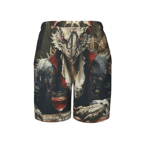 Boys Beach Shorts Quick Dry Swim Trunks Board Surf Summer Teen Kids, Dragon Playing Poker Cards Vintage
