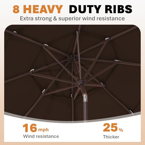 Image of JEAREY 9FT 3 Tier Patio Umbrella Outdoor Market Umbrella Table Umbrellas with 8 Ribs 1.5 Pole Push Button Tilt and Crank UV Protection for Garden,Brown