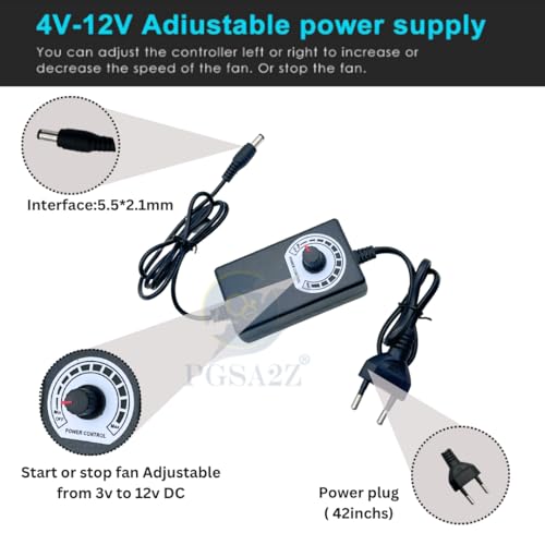 Image of 12V DC Blower Fan, 97x94x33mm, with Variable Speed Controller and AC Adapter, Dual Ball Bearing, for DIY Ventilation & Electronics Cooling