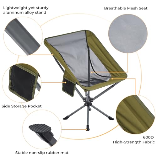 Silla Plegable Ligera con Giro 360°, Silla de Camping para Adultos con Bolsillo Lateral y Bolsa de Almacenamiento, Portátil para Exterior que se Monta en Solo 7 Segundos, Rotación Flexible 360° miniatura 6