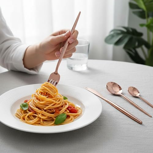 Image of Slim Handle Rose Gold 5 Pcs Stainless Steel Cutlery Set for Dining Table, Dishwasher Safe Glossy Flatware (1 Spoon Set+1 Forks Set+1 Butter Knife+1 Dessert Spoon+ 1 Fruit Fork)