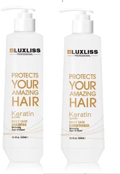 Luxliss Keratin Daily Care Shampoo and Conditioner Set, 2 Pack (16 Fl Oz each), Moisturizing, Anti-frizz, Repairing, for Chemically Treated Hair, Argan Oil