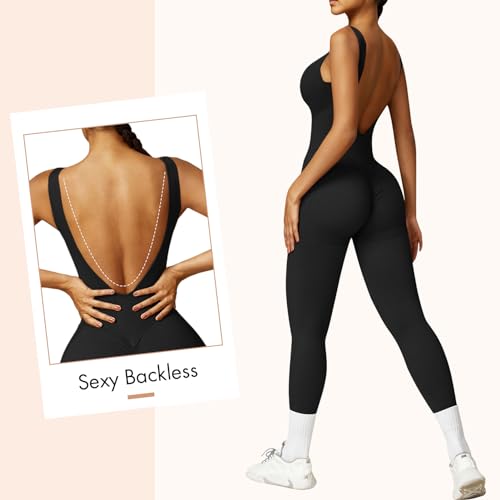 Oeak Womens Sleeveless Jumpsuits Crew Neck Unitards Scrunch Butt Tummy Control Romper Full Length Seamless Workout Bodycon Black Xs thumb #3