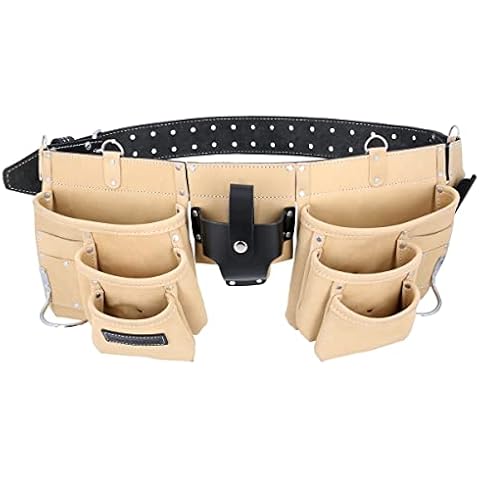 TOUGH MASTER Leather Work Belt Pouch 12 Pocket Suede DIY Belt, Multi Pocket Storage Organiser, Hammer Loop, Tape Pocket Heavy Duty Tool Belt for Builders Cover