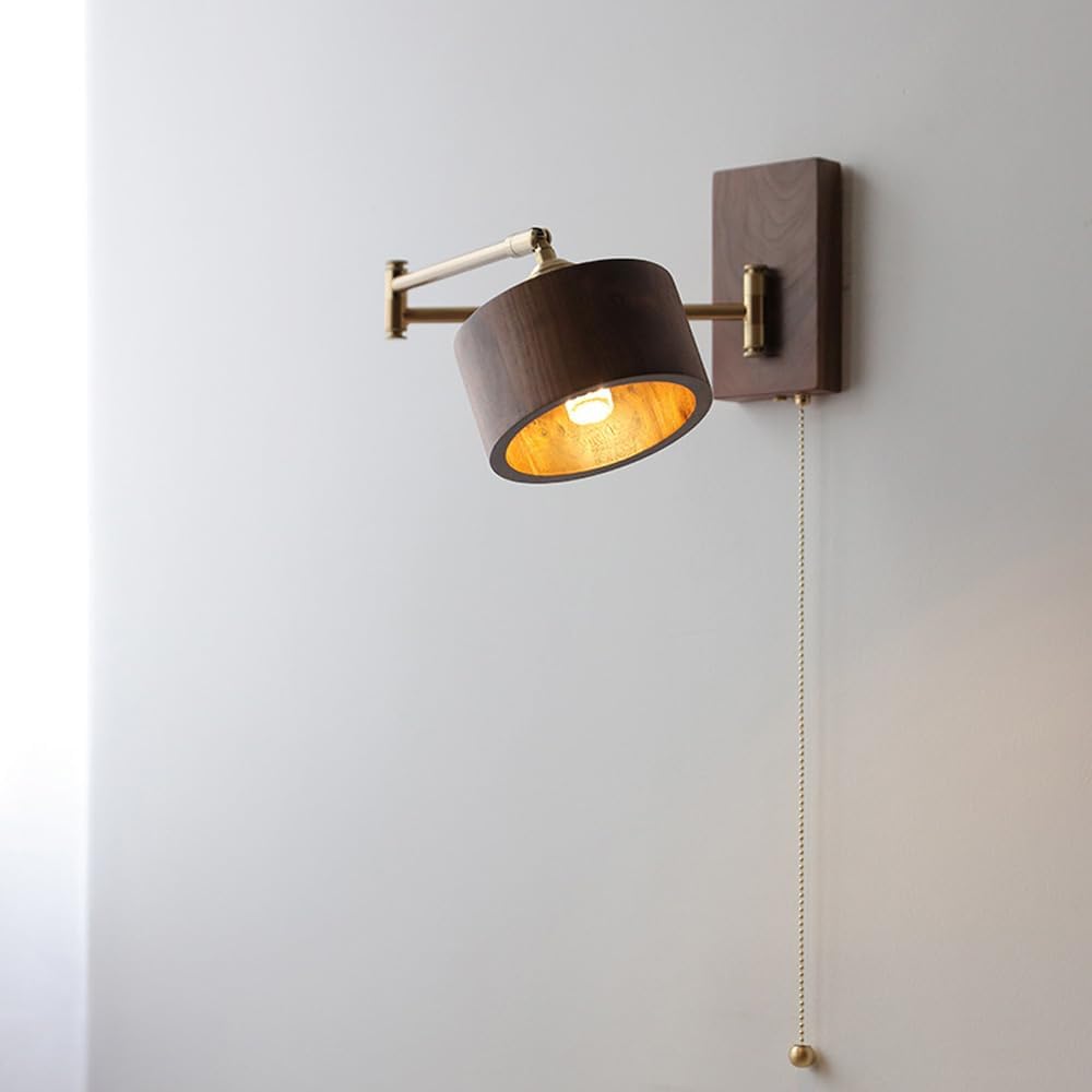 Modern Home Decoration Farmhouse Wall Sconce with On Off Switch Pull Chain Swinging Arm Wall Mount Light Adjustable Vintage Walnut Wood Rustic Wall Lamp Bedside Reading Wall Light for Bedroom