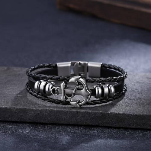 Image of Black Braided Leather Bracelet For Men