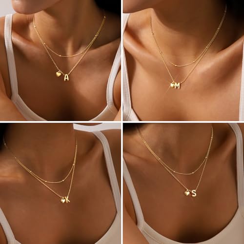 adoyi Gold Necklace for Women Layered Bubble Heart Letter Initial Necklaces for Women Trendy Jewelry 14K Gold Plated Chain Chunky Name Necklace Stack Charm A-Z Pendant Set Jewelry Gifts4