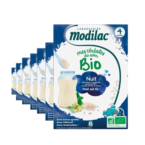 Modilac - Céréales Bio Nuit - Sans Sucres Ajoutés, Sans Huile de Palme - Idéal pour la Diversification de l'Alimentation - Dès 4 Mois - Lot de 7x250g Cover