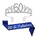 60th Birthday Tiara and Sash Blue Glitter Satin Sash Crystal Rhinestone Tiara Crown for 60th Birthday Party Supplies Favors Decorations Birthday Cake Topper
