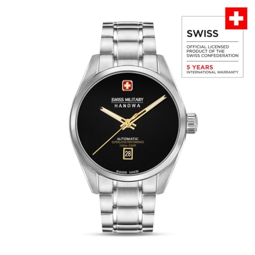 Image of SWISS MILITARY HANOWA Majestic Pioneer Onyx | Black Analog Dial | Date Display | Silver Stainless Steel Strap | Swiss Made Automatic Watch for Men - SMWGL0006204