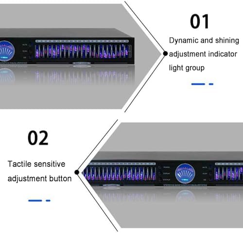 22-band audio equalizer, stereo graphic equalizer, dual-channel rack mount, 10 preset effects, automatic noise reduction