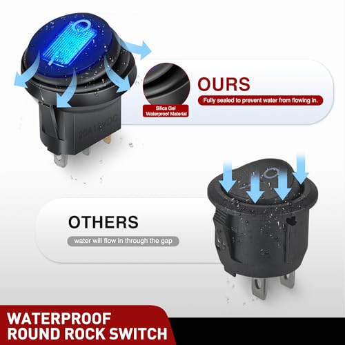 Image of Nilight 12V 20A Round Rocker Switch Waterproof IP65 LED Lighted 4 Colors | 3-pin SPST switch with protective rubber cover, silver-plated terminals, and multi-color LED indicators