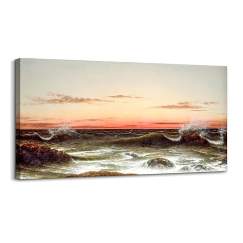 crmotu Sunset Large Wall Art, Coastal Landscape Canvas Painting, Ocean Scenery Vintage Art Prints, Seascape Aesthetic Pictures Wall Decor Living Room Bedroom Office, Rustic Farmhouse Decor 20"X40"